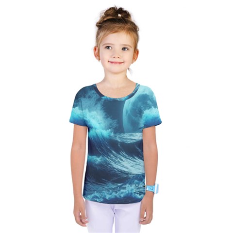 Moonlight High Tide Storm Tsunami Waves Ocean Sea Kids  One Piece Tee by Ravend