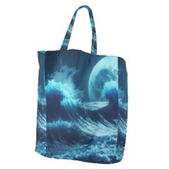 Moonlight High Tide Storm Tsunami Waves Ocean Sea Giant Grocery Tote by Ravend