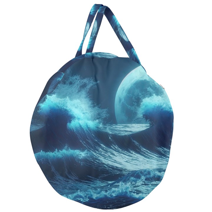 Moonlight High Tide Storm Tsunami Waves Ocean Sea Giant Round Zipper Tote