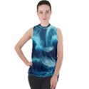 Moonlight High Tide Storm Tsunami Waves Ocean Sea Mock Neck Chiffon Sleeveless Top View1