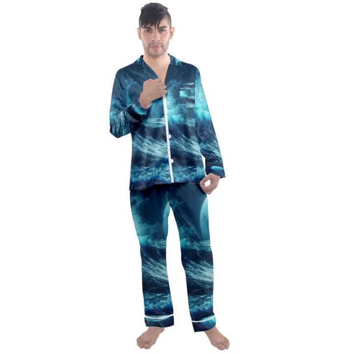 Moonlight High Tide Storm Tsunami Waves Ocean Sea Men s Long Sleeve Satin Pajamas Set