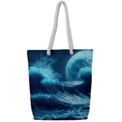 Moonlight High Tide Storm Tsunami Waves Ocean Sea Full Print Rope Handle Tote (small) by Ravend