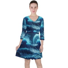 Moonlight High Tide Storm Tsunami Waves Ocean Sea Quarter Sleeve Ruffle Waist Dress by Ravend