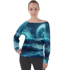 Moonlight High Tide Storm Tsunami Waves Ocean Sea Off Shoulder Long Sleeve Velour Top