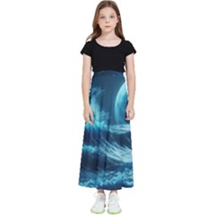 Moonlight High Tide Storm Tsunami Waves Ocean Sea Kids  Flared Maxi Skirt by Ravend