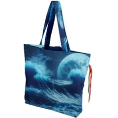 Moonlight High Tide Storm Tsunami Waves Ocean Sea Drawstring Tote Bag by Ravend