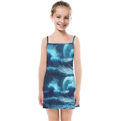 Moonlight High Tide Storm Tsunami Waves Ocean Sea Kids  Summer Sun Dress by Ravend