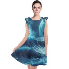 Moonlight High Tide Storm Tsunami Waves Ocean Sea Tie Up Tunic Dress by Ravend