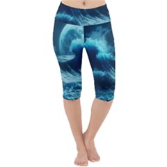 Moonlight High Tide Storm Tsunami Waves Ocean Sea Lightweight Velour Cropped Yoga Leggings by Ravend