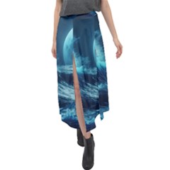 Moonlight High Tide Storm Tsunami Waves Ocean Sea Velour Split Maxi Skirt by Ravend