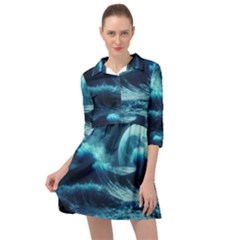 Moonlight High Tide Storm Tsunami Waves Ocean Sea Mini Skater Shirt Dress by Ravend