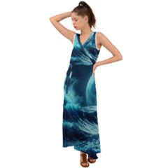 Moonlight High Tide Storm Tsunami Waves Ocean Sea V-neck Chiffon Maxi Dress by Ravend