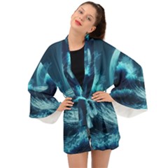 Moonlight High Tide Storm Tsunami Waves Ocean Sea Long Sleeve Kimono by Ravend