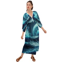 Moonlight High Tide Storm Tsunami Waves Ocean Sea Grecian Style  Maxi Dress by Ravend