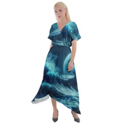 Moonlight High Tide Storm Tsunami Waves Ocean Sea Cross Front Sharkbite Hem Maxi Dress by Ravend