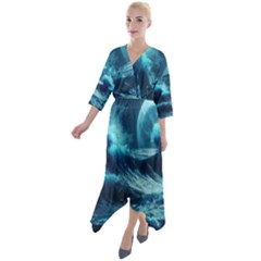 Moonlight High Tide Storm Tsunami Waves Ocean Sea Quarter Sleeve Wrap Front Maxi Dress by Ravend