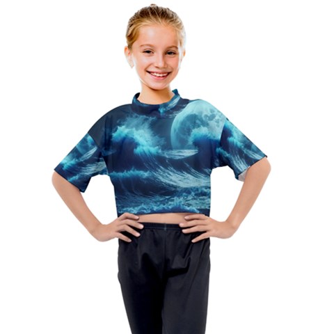 Moonlight High Tide Storm Tsunami Waves Ocean Sea Kids Mock Neck Tee by Ravend