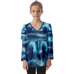 Moonlight High Tide Storm Tsunami Waves Ocean Sea Kids  V Neck Casual Top by Ravend