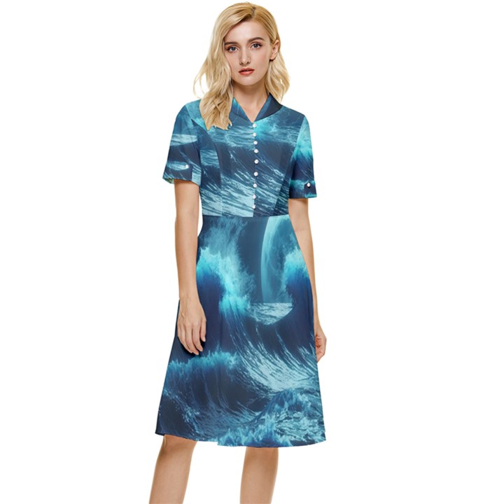 Moonlight High Tide Storm Tsunami Waves Ocean Sea Button Top Knee Length Dress