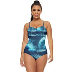 Moonlight High Tide Storm Tsunami Waves Ocean Sea Retro Full Coverage Swimsuit by Ravend