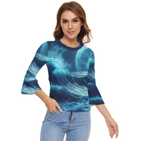 Moonlight High Tide Storm Tsunami Waves Ocean Sea Bell Sleeve Top by Ravend