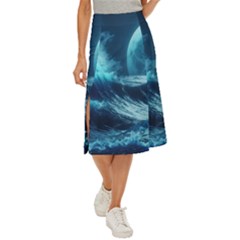 Moonlight High Tide Storm Tsunami Waves Ocean Sea Midi Panel Skirt by Ravend