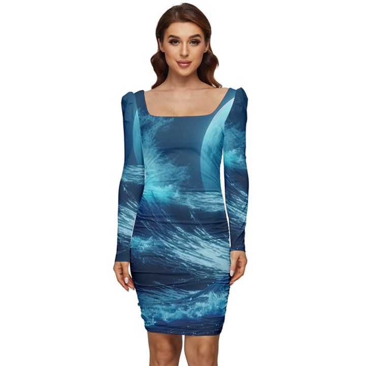 Moonlight High Tide Storm Tsunami Waves Ocean Sea Women Long Sleeve Ruched Stretch Jersey Dress