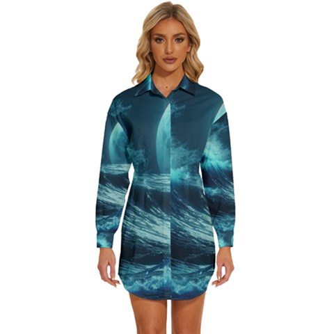 Moonlight High Tide Storm Tsunami Waves Ocean Sea Womens Long Sleeve Shirt Dress by Ravend