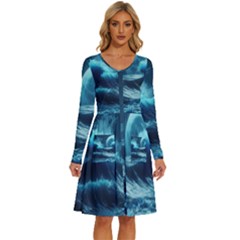 Moonlight High Tide Storm Tsunami Waves Ocean Sea Long Sleeve Dress With Pocket by Ravend