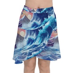 Storm Tsunami Waves Ocean Sea Nautical Nature Chiffon Wrap Front Skirt by Ravend