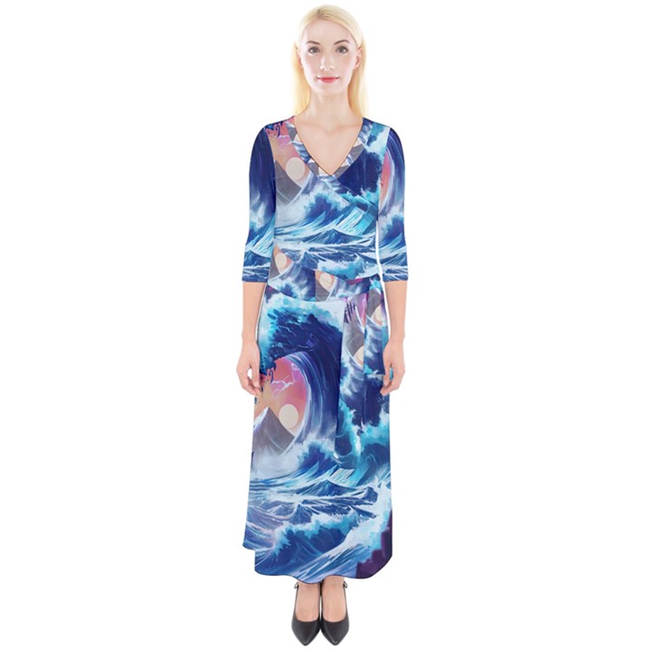 Storm Tsunami Waves Ocean Sea Nautical Nature Quarter Sleeve Wrap Maxi Dress