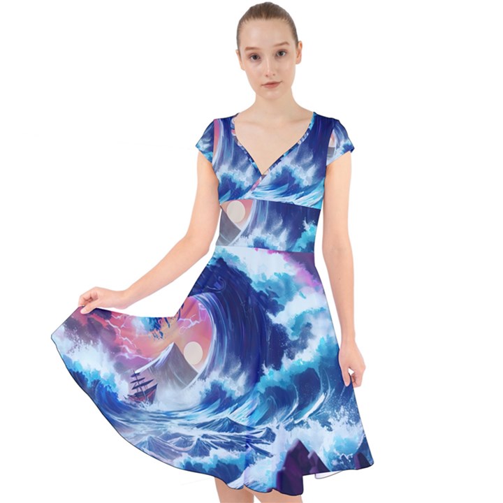 Storm Tsunami Waves Ocean Sea Nautical Nature Cap Sleeve Front Wrap Midi Dress