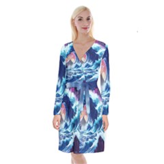 Storm Tsunami Waves Ocean Sea Nautical Nature Long Sleeve Velvet Front Wrap Dress by Ravend