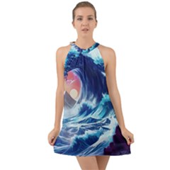 Storm Tsunami Waves Ocean Sea Nautical Nature Halter Tie Back Chiffon Dress by Ravend