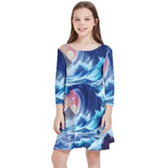 Storm Tsunami Waves Ocean Sea Nautical Nature Kids  Quarter Sleeve Skater Dress by Ravend