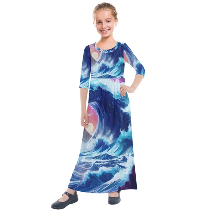 Storm Tsunami Waves Ocean Sea Nautical Nature Kids  Quarter Sleeve Maxi Dress