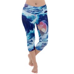 Storm Tsunami Waves Ocean Sea Nautical Nature Lightweight Velour Capri Yoga Leggings by Ravend