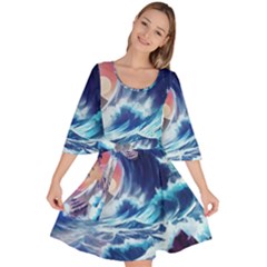 Storm Tsunami Waves Ocean Sea Nautical Nature Velour Kimono Dress by Ravend