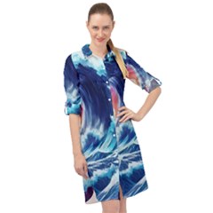 Storm Tsunami Waves Ocean Sea Nautical Nature Long Sleeve Mini Shirt Dress by Ravend