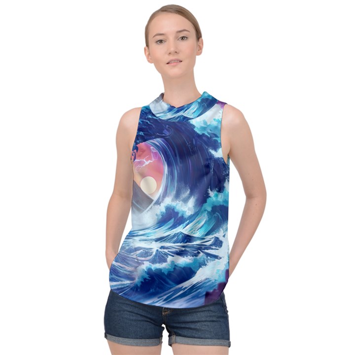 Storm Tsunami Waves Ocean Sea Nautical Nature High Neck Satin Top