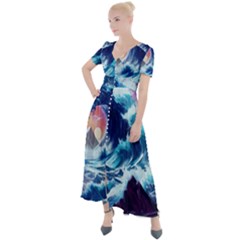 Storm Tsunami Waves Ocean Sea Nautical Nature Button Up Short Sleeve Maxi Dress by Ravend