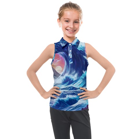 Storm Tsunami Waves Ocean Sea Nautical Nature Kids  Sleeveless Polo Tee by Ravend