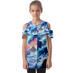 Storm Tsunami Waves Ocean Sea Nautical Nature Fold Over Open Sleeve Top by Ravend