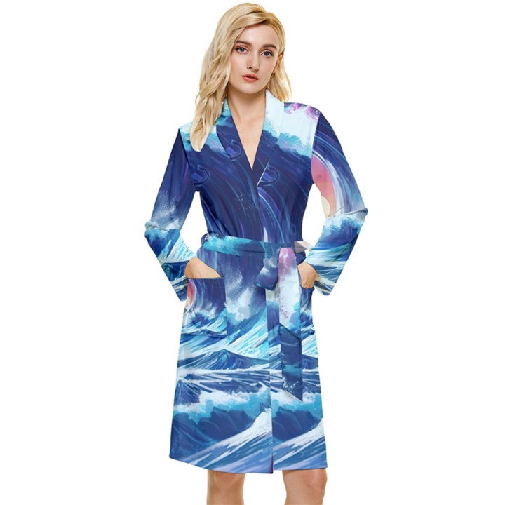 Storm Tsunami Waves Ocean Sea Nautical Nature Long Sleeve Velvet Robe