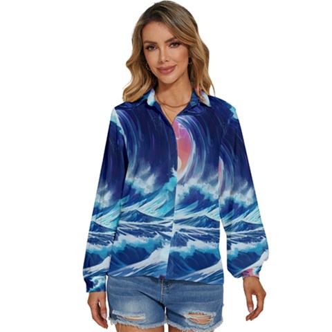 Storm Tsunami Waves Ocean Sea Nautical Nature Women s Long Sleeve Button Down Shirt by Ravend