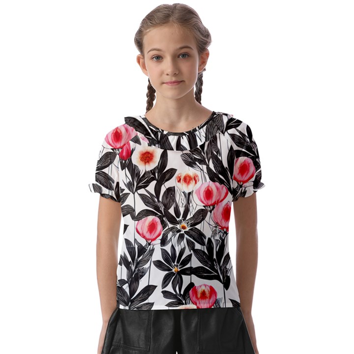 Beautiful Elegant Botanical Flowers Kids  Frill Chiffon Blouse