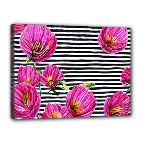 Pink Flowers Black Stripes Canvas 16  X 12  (stretched) by GardenOfOphir