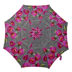 Pink Flowers Black Stripes Hook Handle Umbrellas (large) by GardenOfOphir