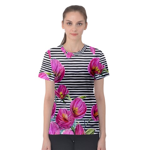 Pink Flowers Black Stripes Women s Sport Mesh Tee by GardenOfOphir