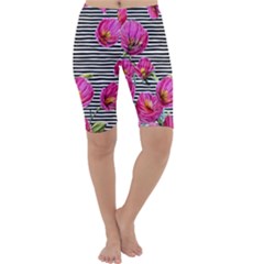 Pink Flowers Black Stripes Cropped Leggings  by GardenOfOphir